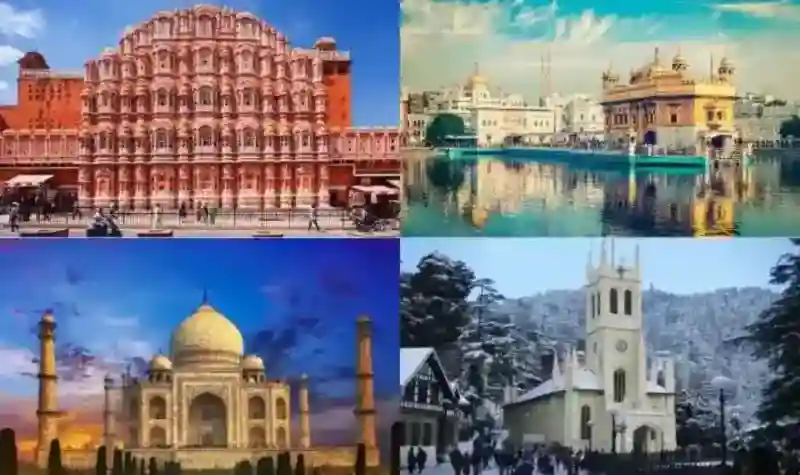Collage shows the Hawa Mahal, Golden Temple, Taj Mahal, and Christ Church in Shimla.
